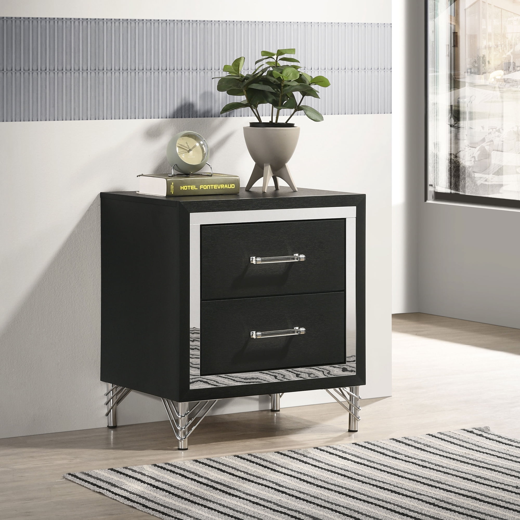 Modern Glam Black 2-Drawer Nightstand, Chrome & Acrylic Accents, Decorative Legs, Engineered Wood, 21.75"W x 17.25"D x 24.25"H