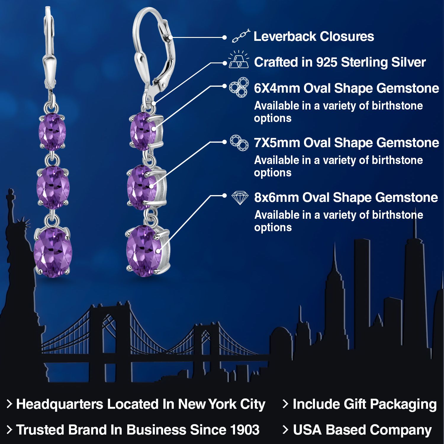 Gem Stone King 925 Sterling Silver Purple Amethyst 3 Stone Dangle Earrings for Women (4.70 Cttw, Gemstone February Birthstone, Oval 8X6MM, 7X5MM and 6X4MM)