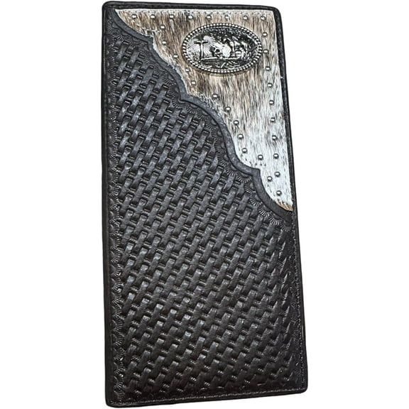Western Stakes Mens Cowboy Praying At Cross Western Leather Long Wallet Bifold Cowhair BasketWeave Studded Checkbook Style Mens Wallets Leather Bull Rider Rodeo Gifts For Men (Coffee)