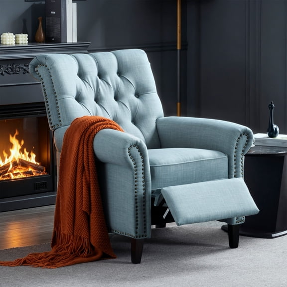BSHTI Pushback Recliner Chair Linen Upholstered Armchair for Living Room Home Theater, Manual Single Sofa with Nailhead Trim, Rolled Arms, Wood Legs, Adjustable Footrest(Blue)