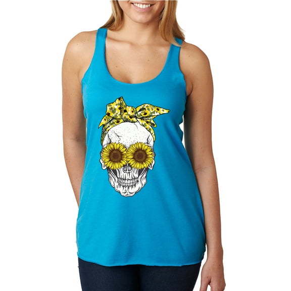 Skull Sunflower Skeleton Bandana Inspirational/Christian Tri-Blend Racerback Tank Top, Vintage Turquoise, Small