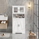 thumbnail image 3 of Gabinete de baño independiente, armario de almacenamiento de lino para suelo, armario despensa de cocina con puertas de cristal y estantes ajustables, armario para salón, blanco, 3 of 6
