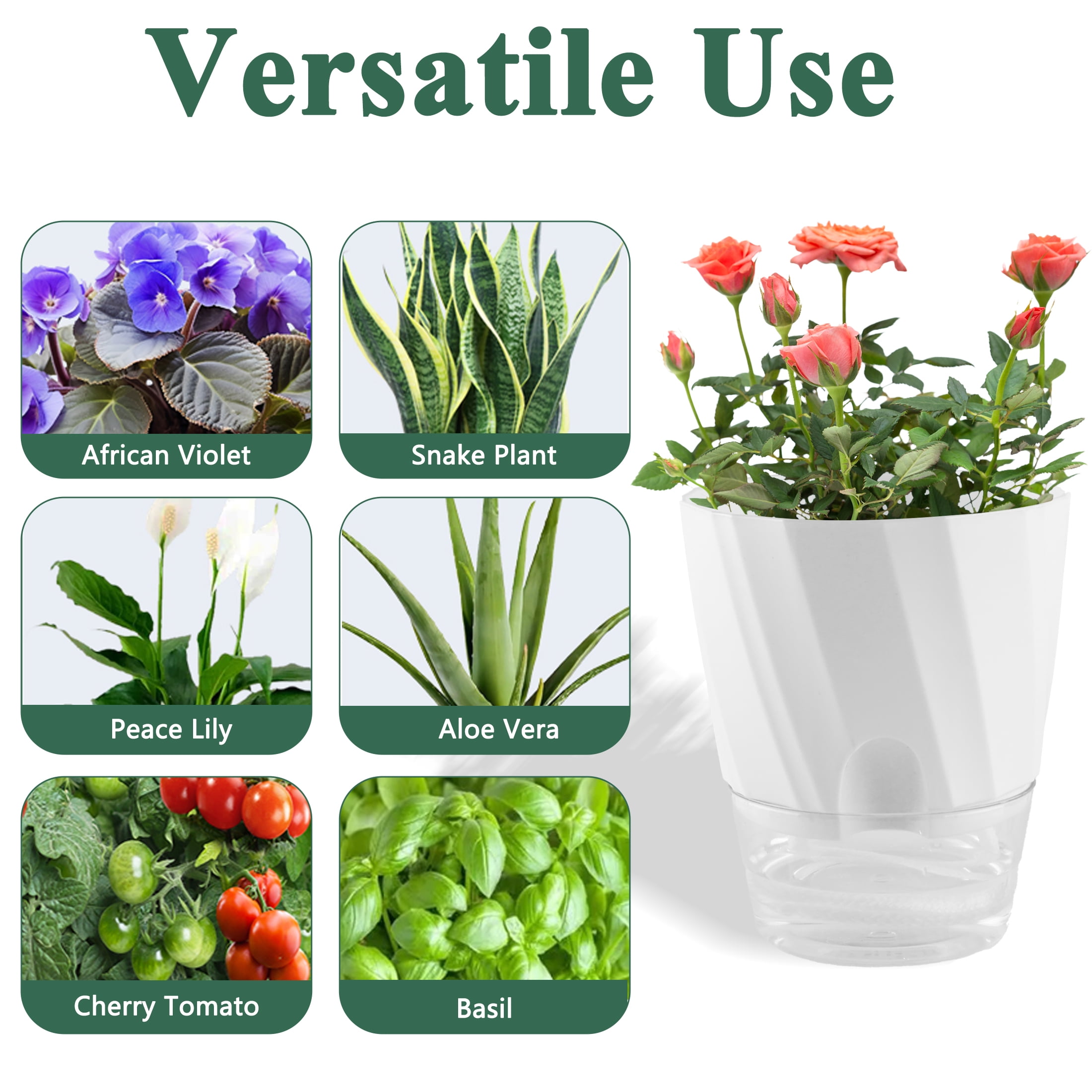Fabulas Self Watering Planters, 6 Pack 4.5/5.9 Inch Plastic Self Watering Planter Pots with Wick Rope and Reservoir for Indoor Plants, African Violets, Orchid, Flowers, Herbs, White