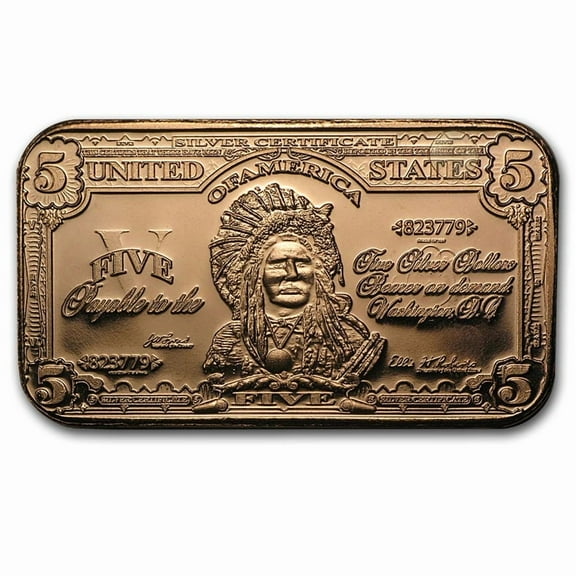 1 oz Copper Bar - $5.00 Indian Chief Banknote Replica
