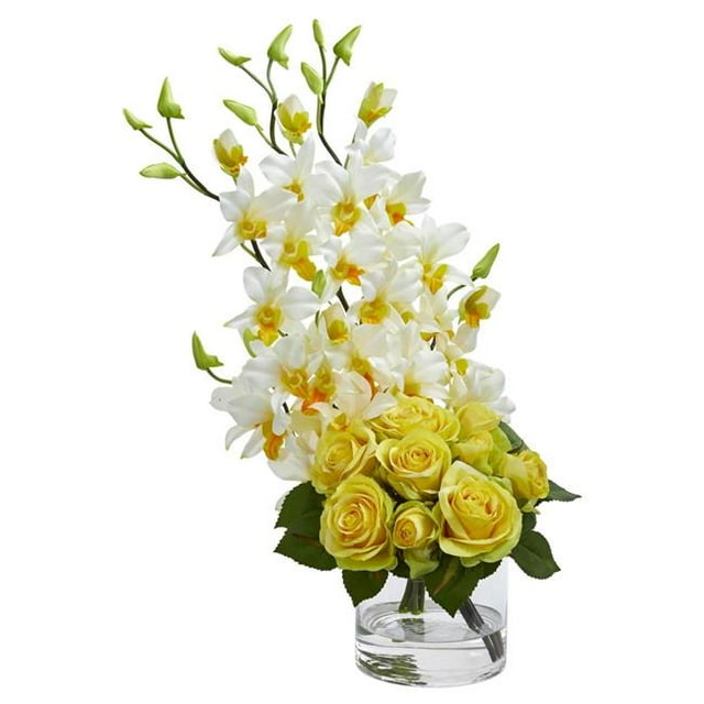 Nearly Natural 1589-YC Rose & Dendrobium Orchid Artificial Arrangement - Yellow & Cream