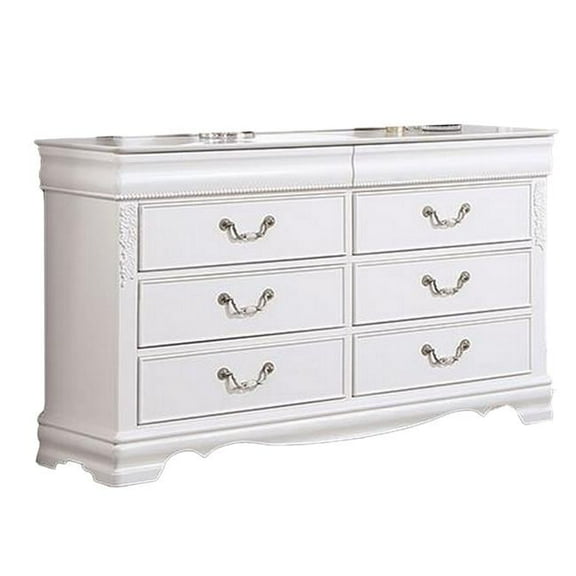 54 in. Aleci Wide Chest 6 Drawers Carved Detail Wood Dresser, White