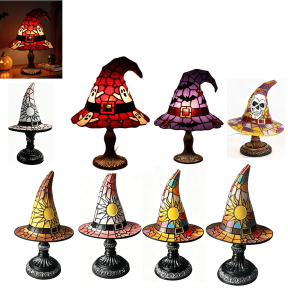 Witch Hat Lamp, Halloween Stained Glass Resin Witch Hat Desk Lamp, USB Powered Gothic Wizard Hats Night Light, Festive Atmosphere Night Light for Halloween Party Decor(8"-C)