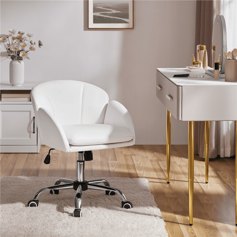 Alden Design Adult Modern Rolling Desk Chair with Armrests for Home Office, White