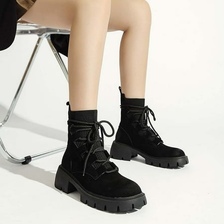 

CALAFEBILA Women Shoes Black Winter Retro Chunky Heel Thick Sole Mid Calf Boots Round-Toe Flock Boots