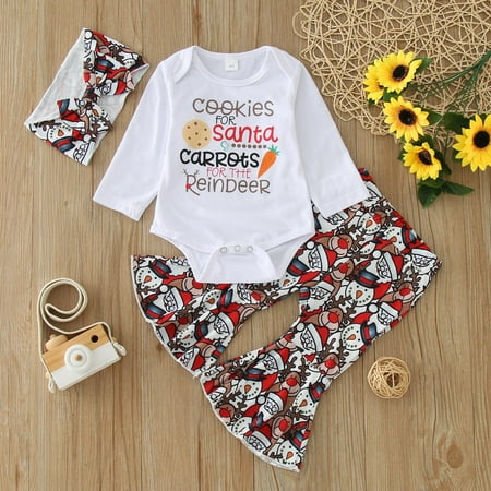 

FZM Christmas Girls Christmas Outfits Long Sleeve Romper Bowknot Pants Headband 3PCs Set Outfits