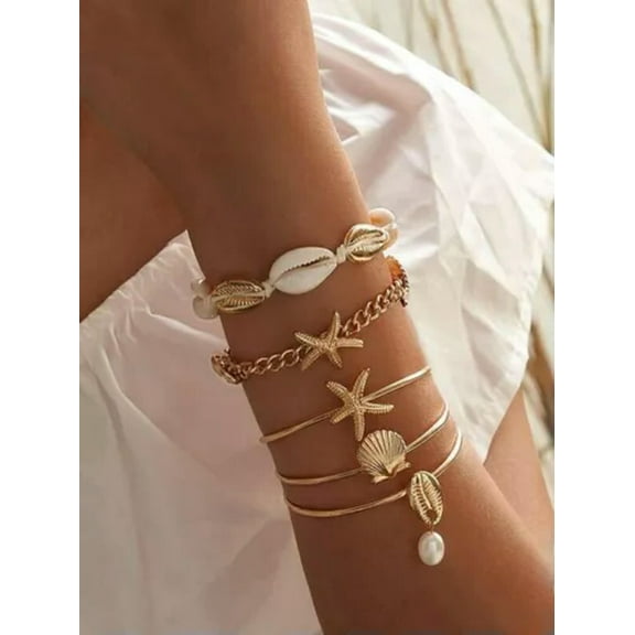 K-KED Stacked Bracelet Set Gold Set of 5 Bangles Summer Stacks Beach Shells Starfish