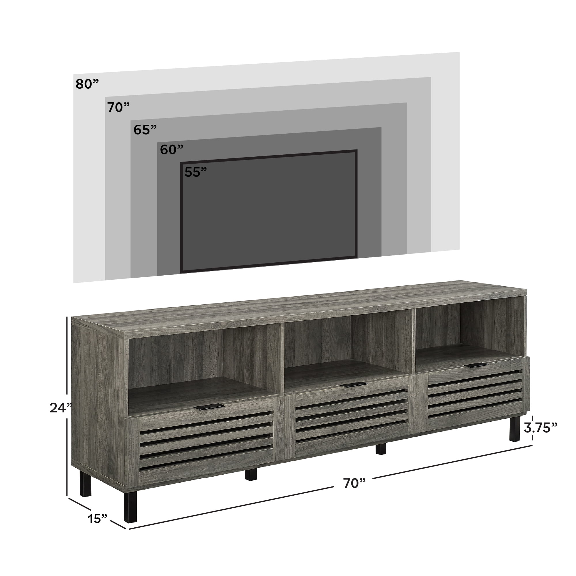 Walker Edison Jackson Modern Slatted 3-Drawer TV Stand for TVs up to 80", Slate Grey