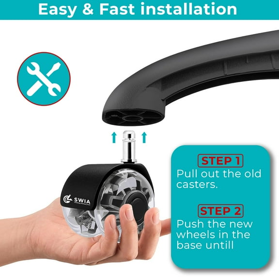 Premium 2 Inch Office Chair Caster Wheels (Set of 5) - Heavy-Duty, Smooth Rolling, Safe for All Floors