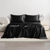 Flxxie 4 Pieces King Silky Satin Sheet Set for Hair and Skin, Includes Flat Sheet, Deep Pocket Fitted Sheet and Pillowcases, Black
