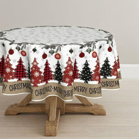 Christmas Tablecloth 60×60 Inch Round, Christmas Ball Ornaments Pine Snow Washable Table Cover for Party Picnic Dinner Decor