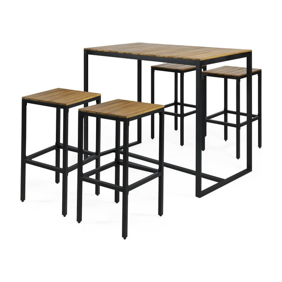 GDF Studio Arath Outdoor Modern Industrial Acacia Wood 5 Piece Bar Set, Teak and Black