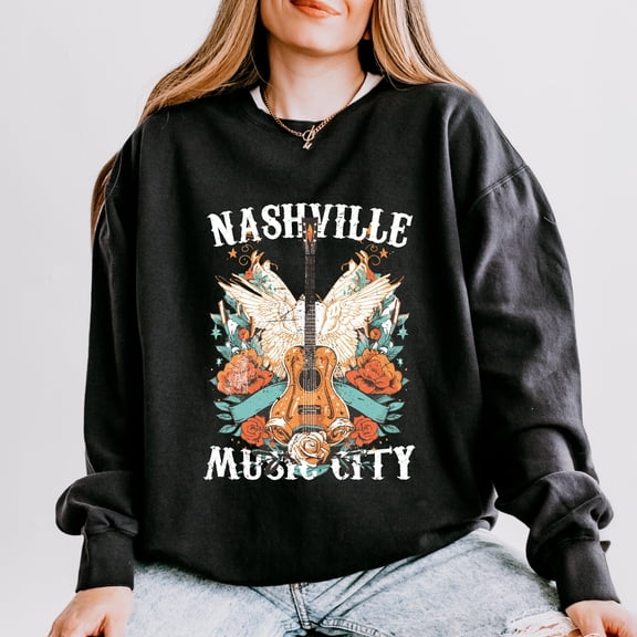 Nashville Music City Guitar Grunge - Womens Lightweight Garment Dyed Sweatshirt