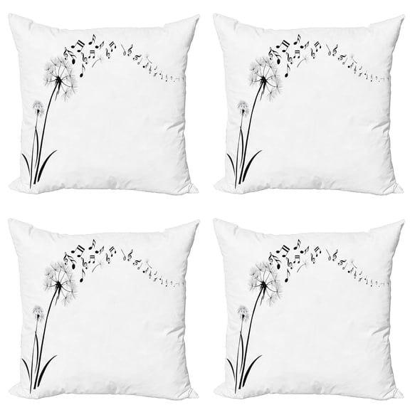 Ambesonne Music Throw Pillow Cover 4 Pack, Meadow Dandelions Floral, 24", Black White