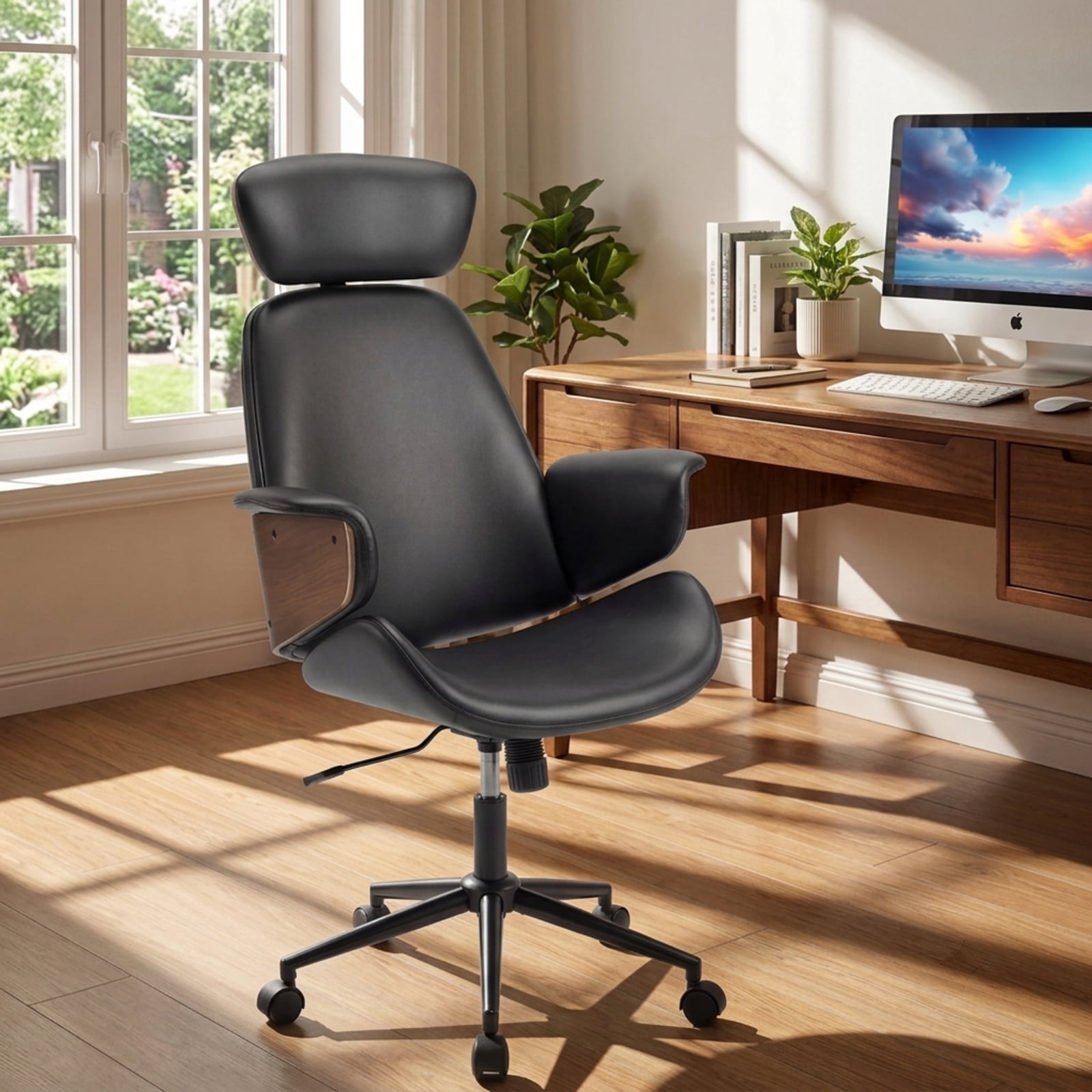 Furnibear Ergonomic Office Chair High Back Faux Leather Computer Chair with Adjustable Headrest Rocking Backrest and Curved Arms, Black