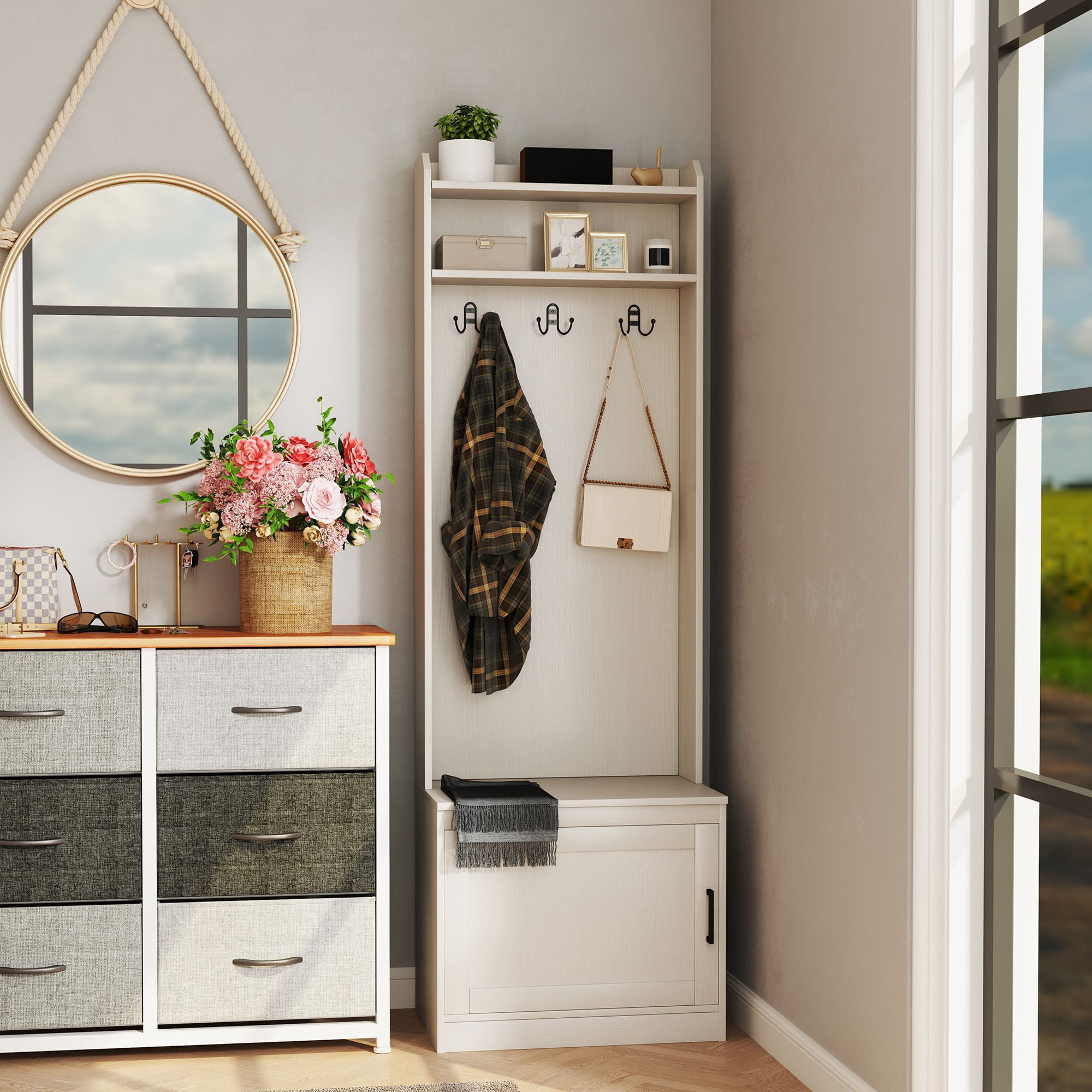 23.5IN Coat Rack Stand with Storage Bench and Hooks Rustic Hall Tree for Small Spaces Entryway Living Room