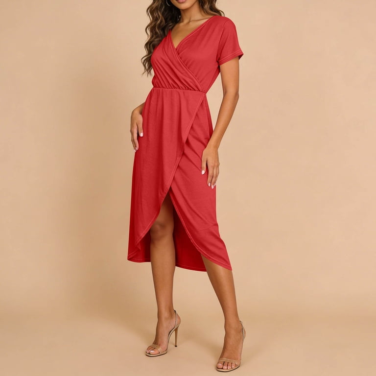 Jtjvou Women's V Neck Short Sleeve Wrap Maxi Dress High Low Asymmetrical Hem Flowy Dress Summer Casual Beach Wedding Guest Dress Red L, Size: Large