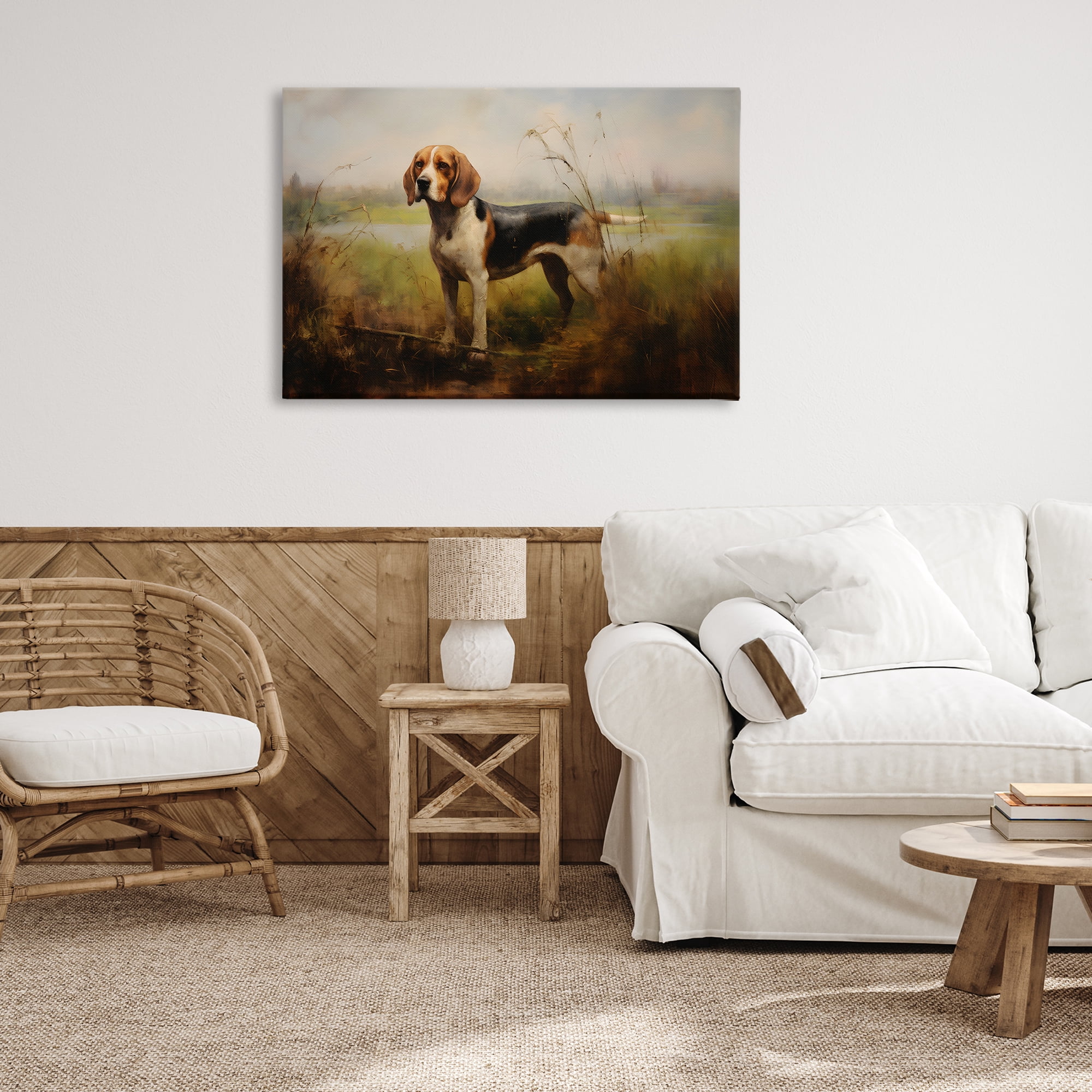 Stupell Industries Beagle Dog Rural Field Landscape Painting Gallery Wrapped Canvas Art Print Wall Art, 36 x 24