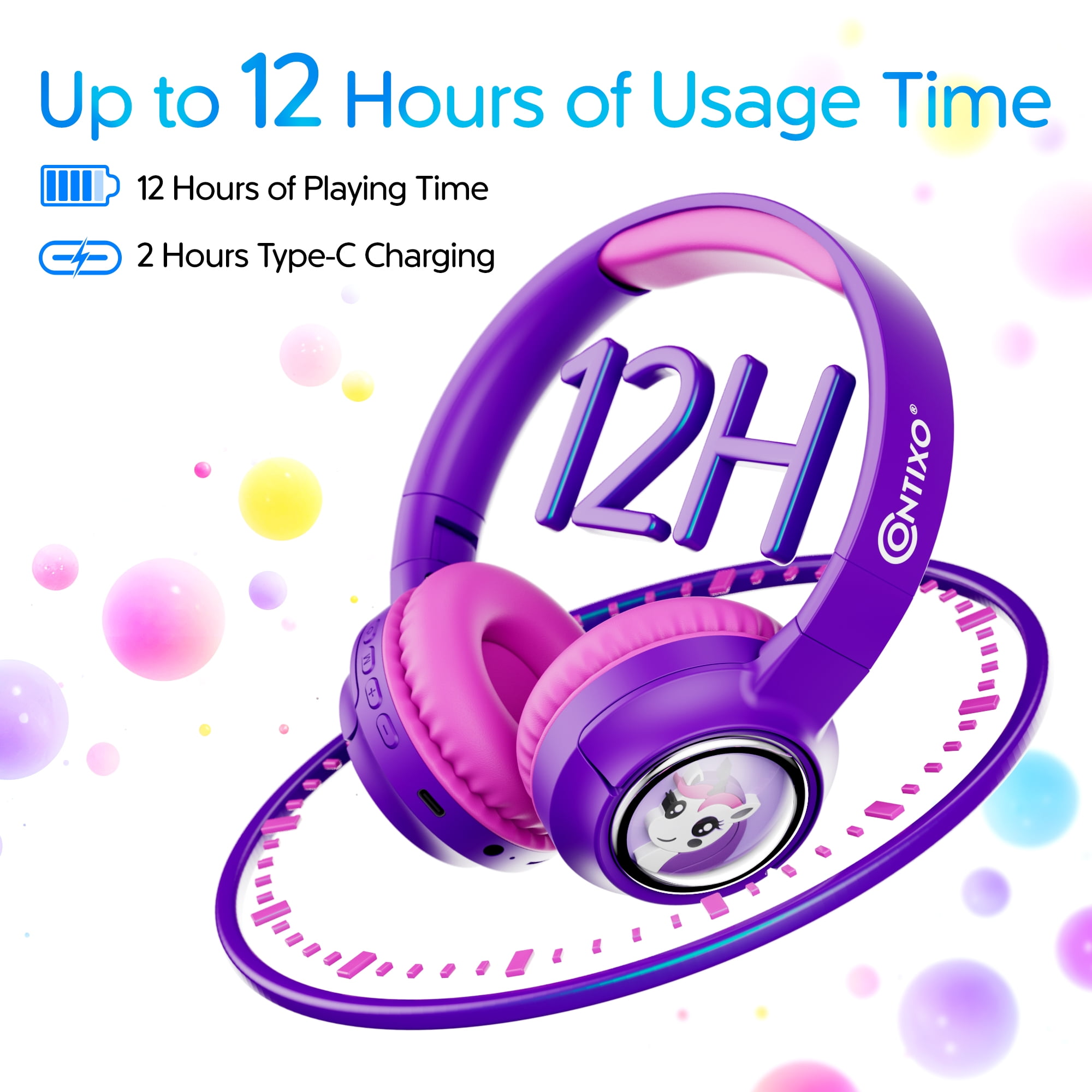 Contixo Foldable Kids Headphones with Microphone, Noise-Limiting Bluetooth Headphones, Purple