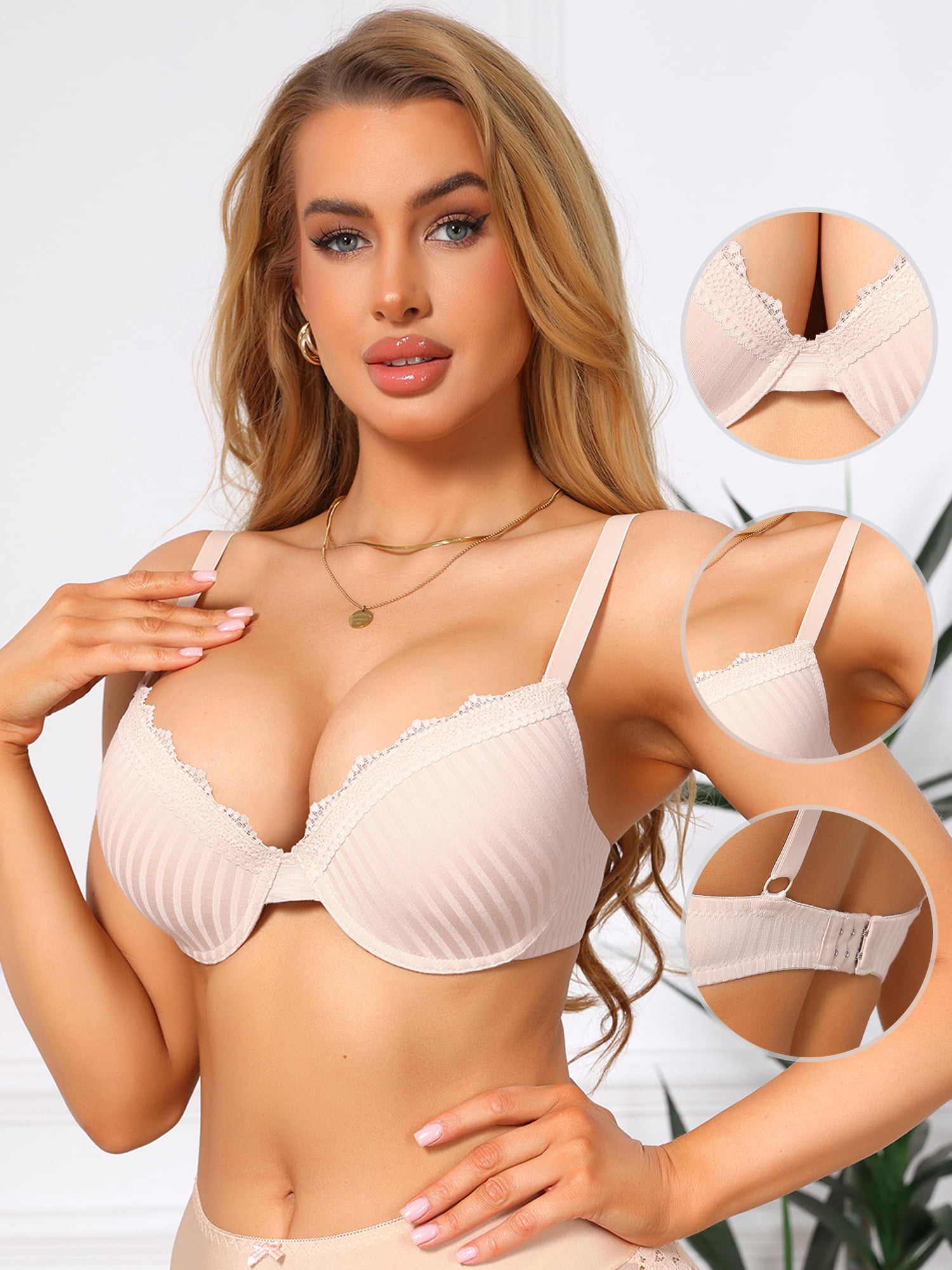 DARING DIVA Women's Lace Trim Bra Full Coverage V Neck Push Up Bralettes D 38 Apricot