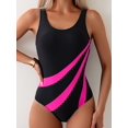 thumbnail image 1 of Contrast Color One-piece Swimsuit, Round Neck Tummy Control High Cut Competitive Bathing Suits, Women's Swimwear & Clothing, 1 of 5