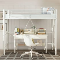 VECELO Metal Twin Size Loft Bed Frame with Stairs & Full-Length Guardrail, Loft Bed for Bedroom, Space-Saving Design, No Box Spring Needed, White