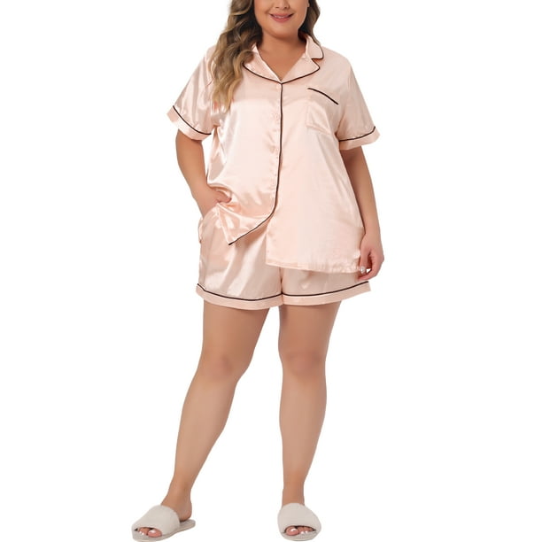 Conjuntos de pijamas para el Día de la Madre Agnes Orinda Plus Size para mujeres, loungewear de satén suave con botones, conjunto de 2 piezas con pantalones cortos 2X Champagne
