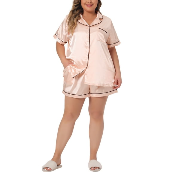 Agnes Orinda Plus Size Pajamas Sets for Women Soft Satin Button Down Loungewear 2 Piece Shorts Set 2X Champagne