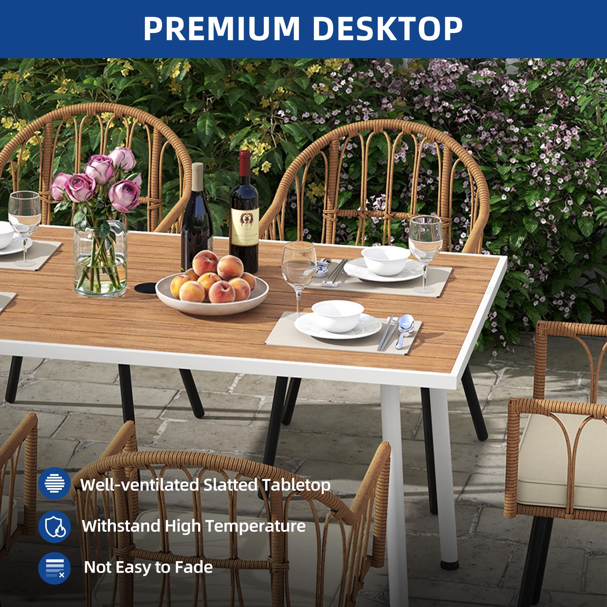 Uforic 7 Pieces Outdoor Patio Dining Table Set, 6 Rattan Wicker Dining Chair and Rectangular Dining Table with Umbrella Hole for Garden, Lawn,Patios, Backyard