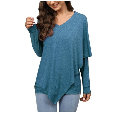 XFLWAM Women Casual V-Neck Long Sleeve Tops Solid Color Loose Lap Shoulder Irregular T-Shirt Blue S