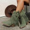 thumbnail image 3 of Women's Long Fringe Wide Calf Cowgirl Boots Boho Casual Suede Chunky Block High Heel Mid Calf Cowboy Dress Short Booties Green Size 7, 3 of 8