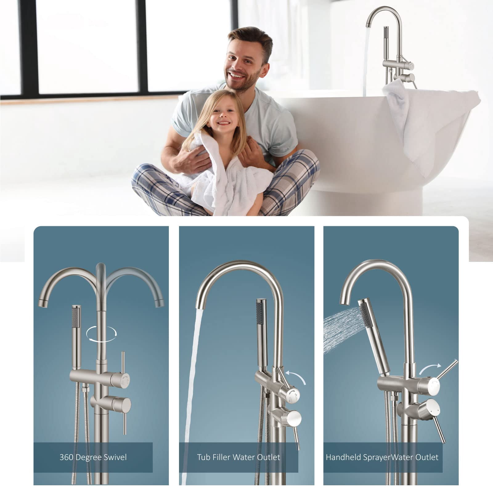Floor Mount Bathtub Faucet Brushed Nickel Freestanding Tub Filler with Swivel Spout