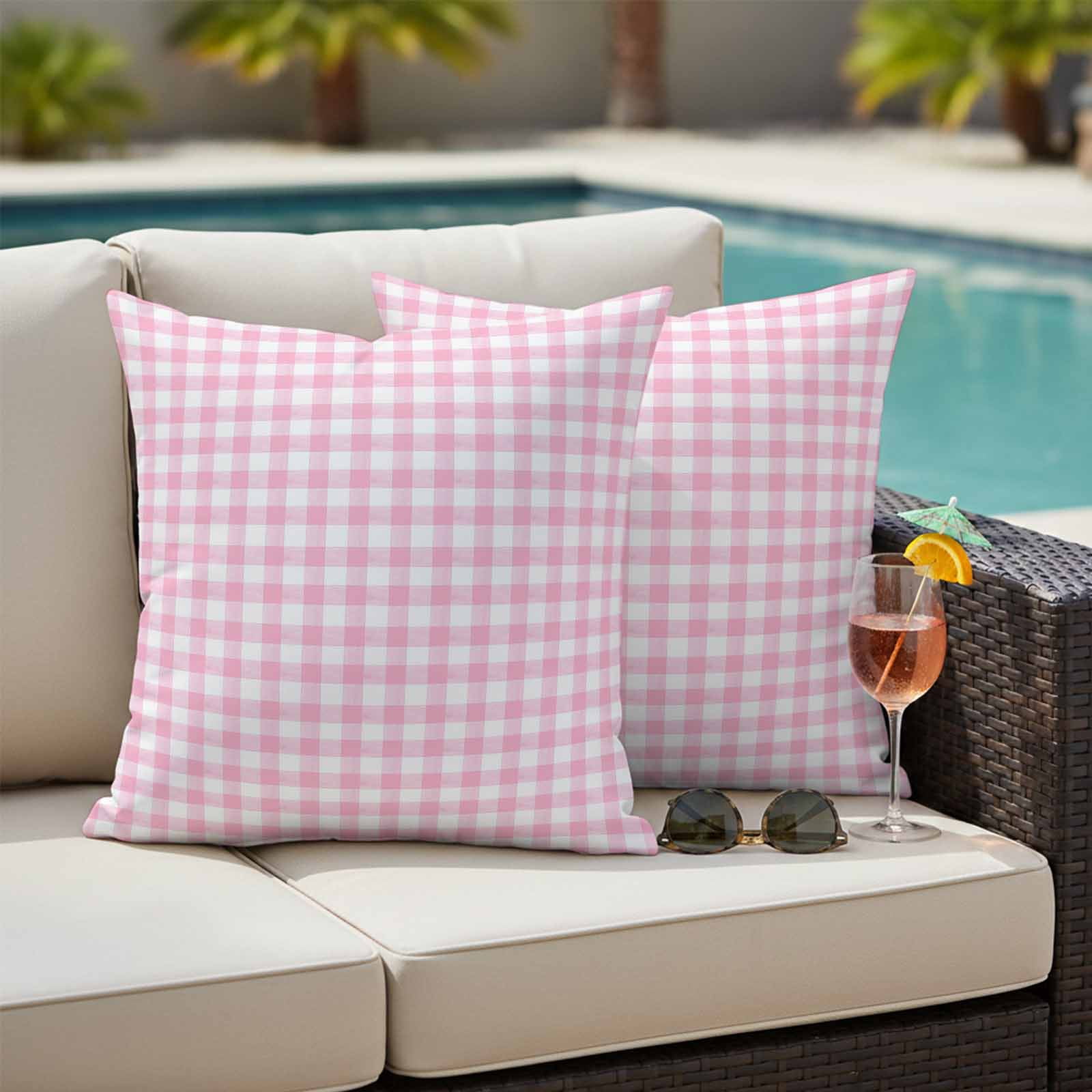 Pack of 2 Outdoor Pillow Covers,Waterproof Pink Throw Pillow Covers,Country French Rustic Buffalo Plaid Modern Art Decorative Pillowcases Cushion Covers for Couch Pillow Sham Protector 24x24 Inch