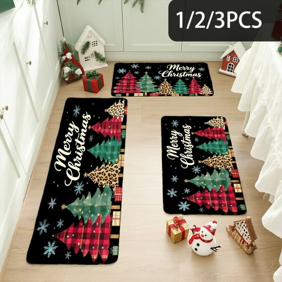 3PCS Kitchen Mat set, Welcome Door Flannel Rug,Home Decor for Front Door,Kitchen, Bathroom, Merry Christmas Trees Snowflakes Plaid ,Great gift for Family and Friends.