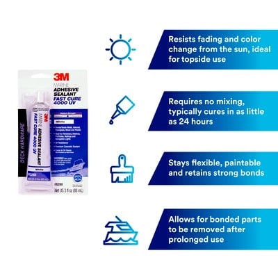 3M Adhesive Sealant 05280 3M 4000 UV Fast Cure; Used To Bond Aluminum/Wood/Gelcoat And Fiberglass; For Marine Applications; 3 Ounce Tube; White; Polymer Sealant; UV Resistant