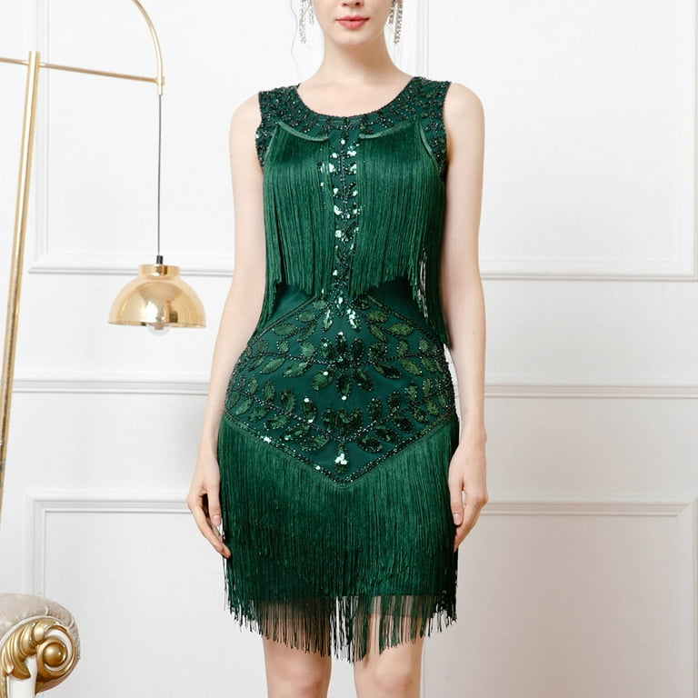 FEIFLY Women 1920 Vintage Prom Sequins Gowns Gowns Vest Round Neck