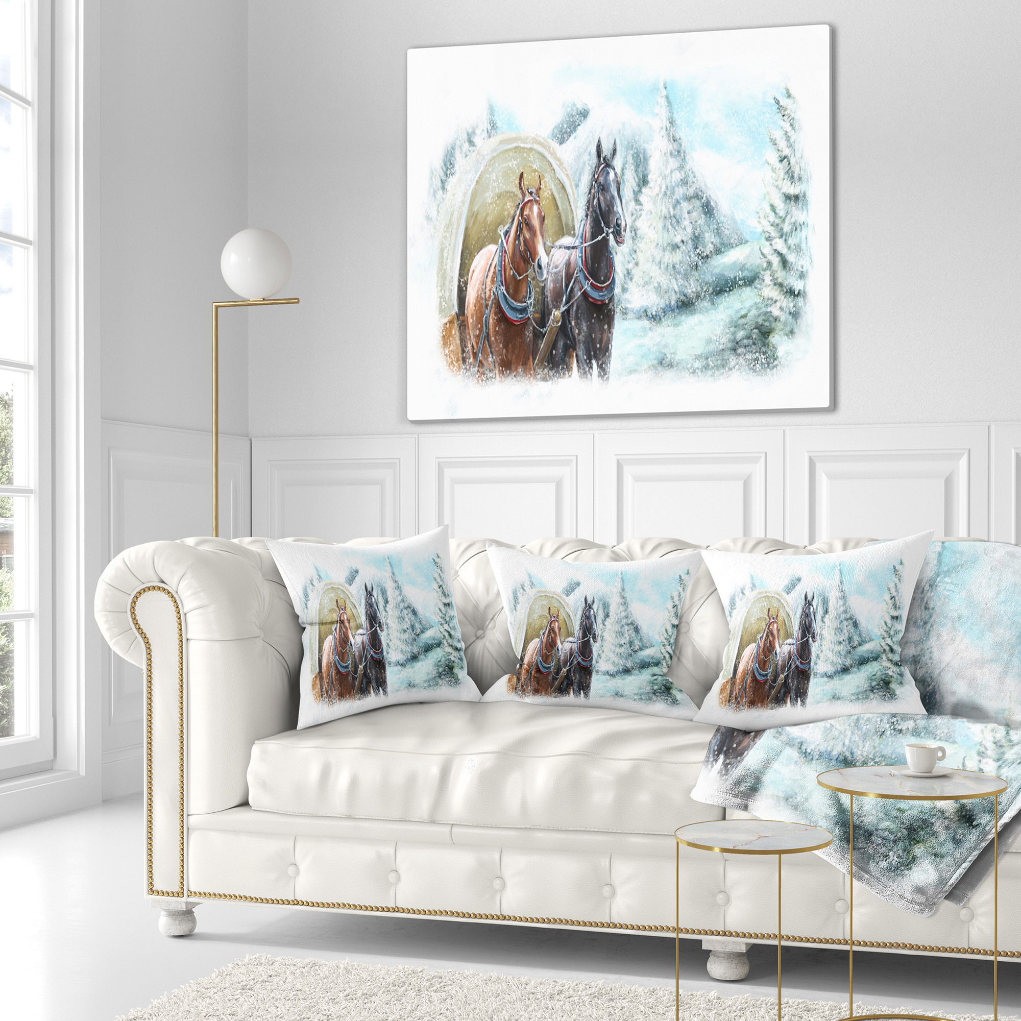 Designart Painted Scene with Horses in Winter - Landscape Printed Throw Pillow - 18x18