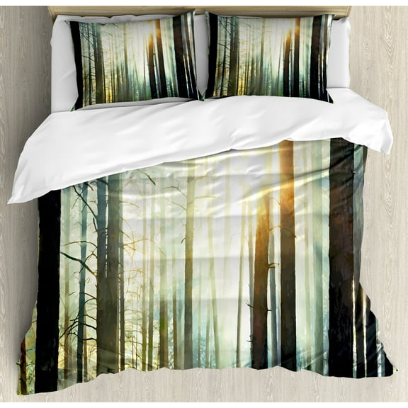 Ambesonne Nature Duvet Cover Set, Foggy Forest Woods, Queen, Seafoam Dark Brown
