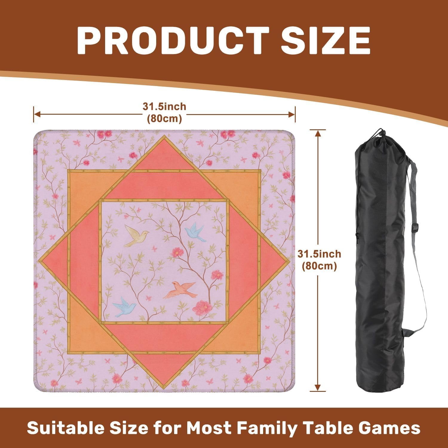 Mahjong Mat 31.5" x 31.5" Pastel Floral Birds Geometric Frame Pink Orange Tones Non-Slip Noise Reduction Mahjong Tiles Table Cover for Dominoes Poker Card Board and Tile Games
