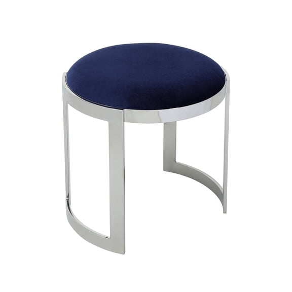 Benjara Niyo 19" Accent Stool Ottoman- Round Seat- Soft Blue Velvet- Silver