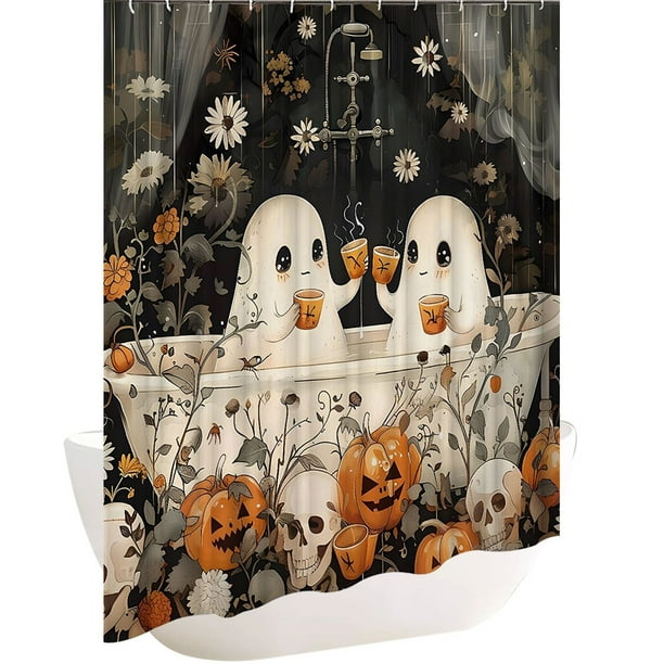Cortina Ducha Lindo Dibujos Animados Fantasmas Set Halloween Bañera para Tela Poliéster Baño Espeluznante Con Ganchos Decoraciones