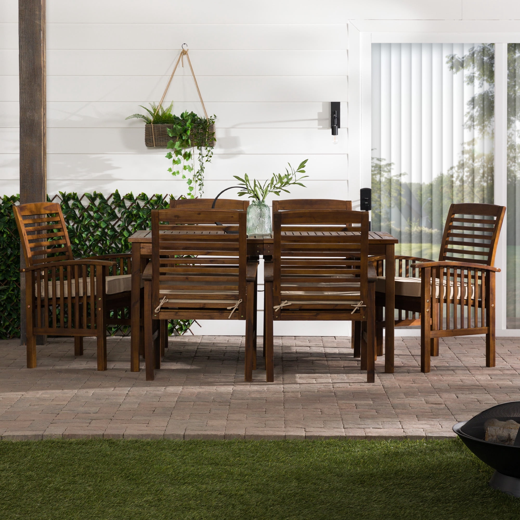 Modern 7-Piece Solid Acacia Wood Outdoor Dining Set with Cushions - Dark Brown