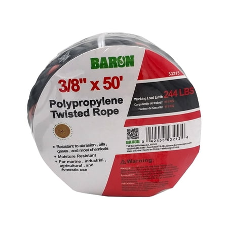 Baron 53213 Truck Rope, 3/8 in Dia, 50 ft L, 244 lb Working Load, Polypropylene, Black/Orange
