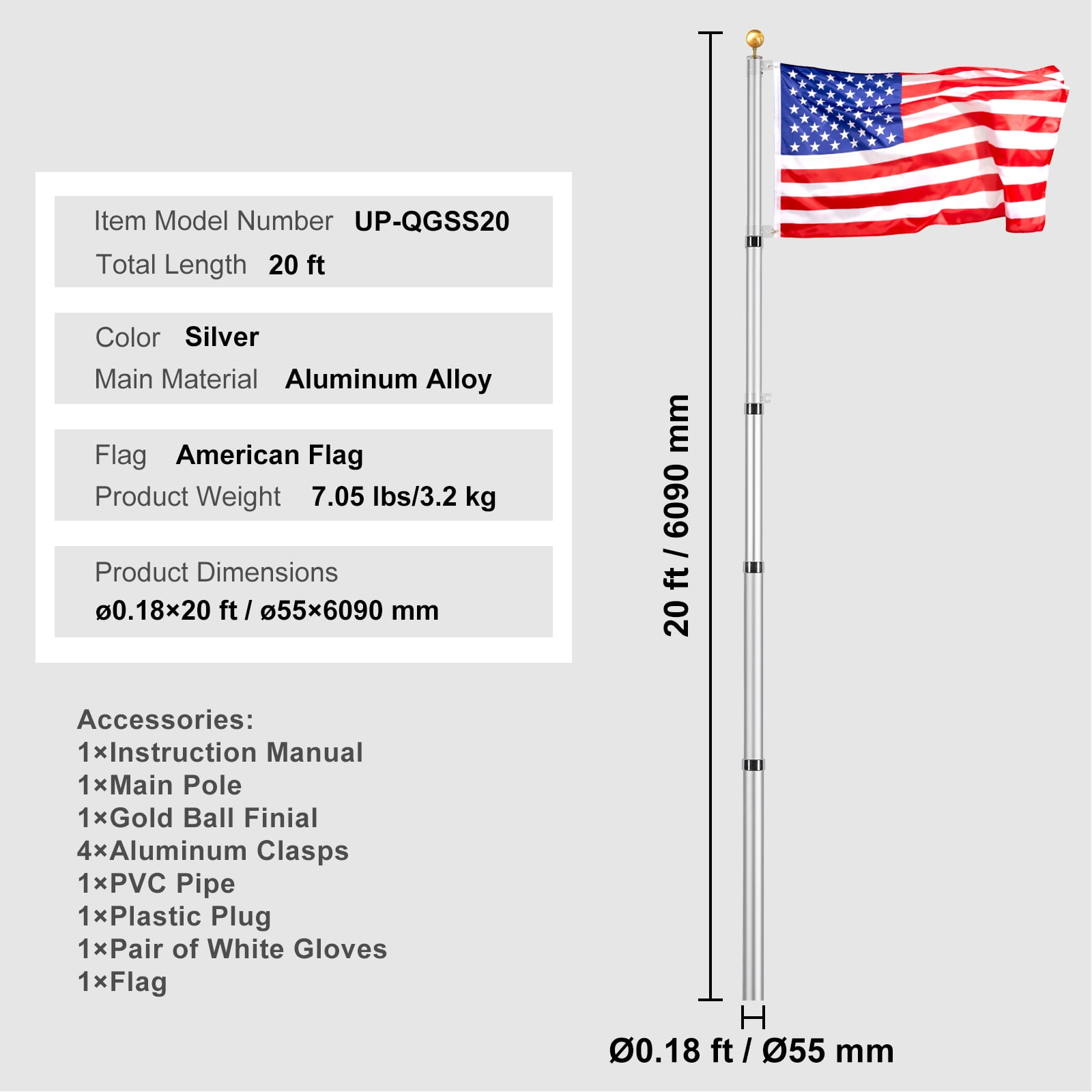 KFFKFF 20FT Extendable Flagpole Set, Sturdy Aluminum Alloy Outdoor Flag Poles, 3 Presentation Styles Flagpole with 3x5 American Flag, Expert Gear, Silver