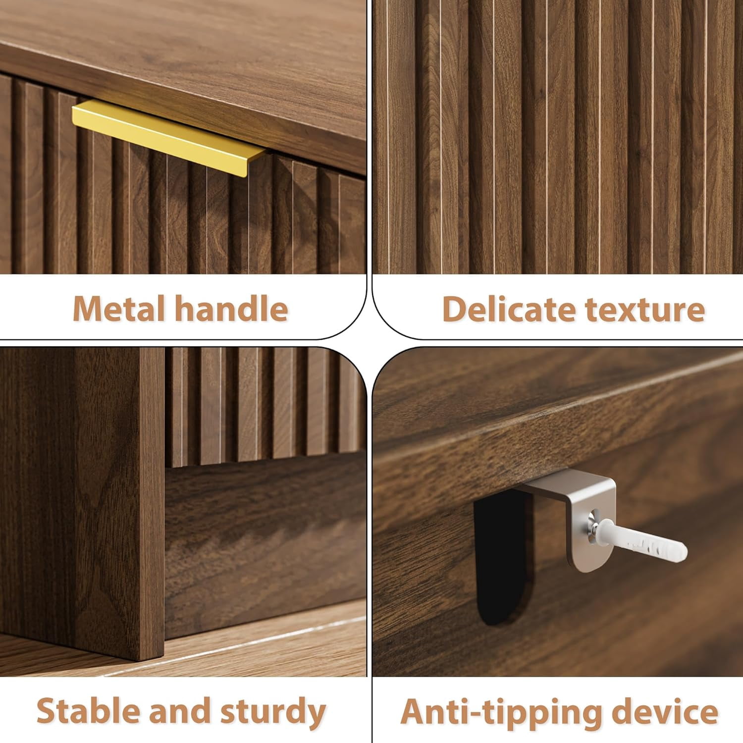 FURNIWAY Set of 2 Fluted Nightstand with 2 Drawers, Modern Storage Bedside Table with Golden Metal Handles, Wooden End Table for Bedroom, Living Room,Walnut