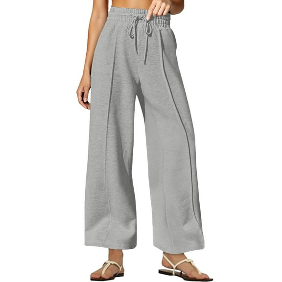 Wyobmus Women's Wide Leg Sweatpants High Waisted Baggy Pants Front Seam Solid Color Drawstring Waist Lounge Pants with Pockets Gray